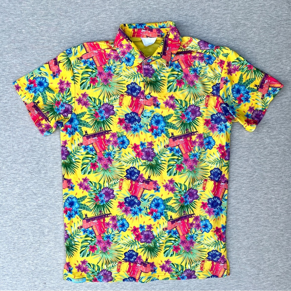 Retro Rifle Bliss Vector Polo Shirt Adult Small Yellow Floral Hawaiian Shirt